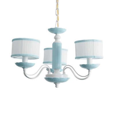 3/6 Heads Bedroom Hanging Lamp Macaron Pink/Blue Finish Ceiling Chandelier with Drum Fabric Shade