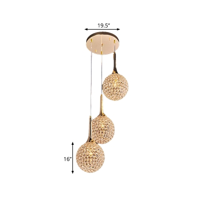 3/8-Head Ball Cluster Pendant Light Modern Gold Crystal Encrusted Hanging Lamp for Bedroom