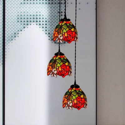 3-Light Multi Pendant Tiffany Dragonfly/Grapes/Rose Stained Glass Down Lighting over Dining Table, White/Red/Yellow
