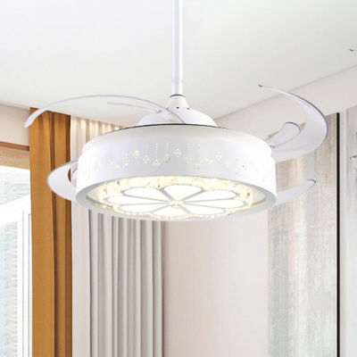 4 Blades White Drum Ceiling Fan Lamp Modernist LED Crystal Semi Flush Mount Light Fixture, 47