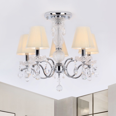 5-Head Semi Flush Chandelier Modern Cone Fabric Ceiling Mount Lamp with Crystal Accent in Chrome