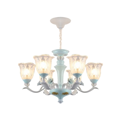 6/8 Bulbs Chandelier Lamp Pastoral Living Room Pendant Light with Flared Clear Dimpled Glass Shade in Blue