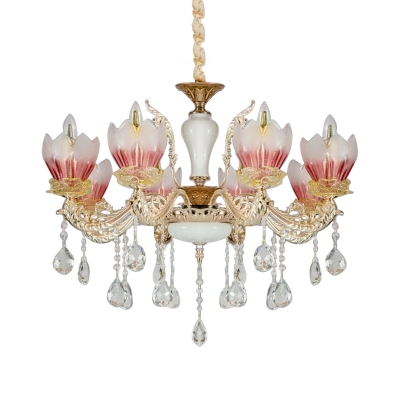 8-Head Floral Pendant Chandelier Mid-Century Red Frosted Glass Ceiling Light with Crystal Drop