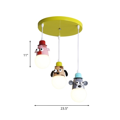 Animal Cluster Pendant Cartoon Iron 3 Lights Bedroom Ceiling Suspension Lamp in Yellow-Green
