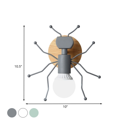Ant Open-Bulb Wall Lamp Nordic Creative Iron Single Bedside Wall Mounted Light in Grey/White/Green with Wood Backplate