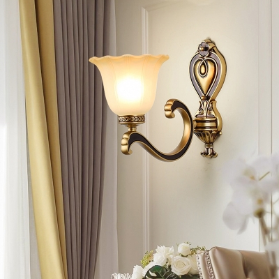 Antique Bell Wall Sconce 1/2-Head Milky Glass Wall Lighting Fixture in Brass with Swooping Arm