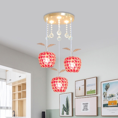 Apple Shape Dining Room Cluster Pendant Red Crystal 3 Heads Contemporary Down Lighting