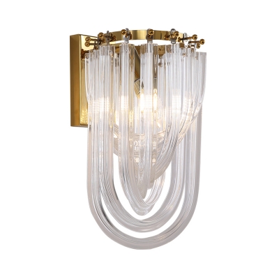 Arched Crystal Flute Wall Mount Light Mid Century 1 Head Bedroom Sconce Lighting in Gold