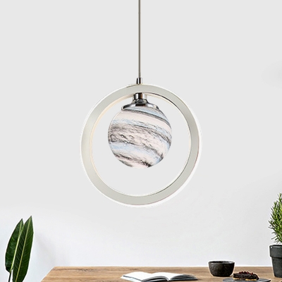 Ball Moon Glass Pendulum Light Minimalist LED Chrome Ceiling Suspension Lamp with Ring