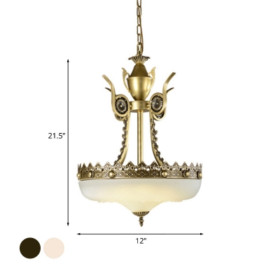 Beige/Bronze 3 Bulbs Hanging Lamp Antiqued Matte Glass Bowl Chandelier with Carved Trim, 12