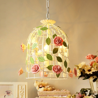 Birdcage Dining Room Chandelier Pastoral Iron 3 Heads Pink Drop Lamp with Rose Decor