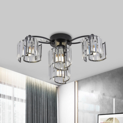 Black 4/6 Bulbs Close to Ceiling Lamp Modernist Crystal Prism Floral Semi Flush Mount Chandelier