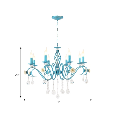 Blue Candle Chandelier Lamp Korean Garden Iron 3/5/8 Lights Dining Room Pendant with Crystal Drop
