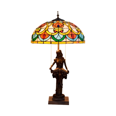 Bowl Pull Chain Desk Lighting Tiffany Cut Glass 2-Light Yellow/Orange Reading Girl Nightstand Lamp for Bedroom