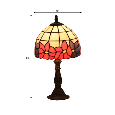 Bowl Shade Night Table Light Tiffany Style Cut Glass 1 Light Red/Yellow Petal Patterned Nightstand Lamp for Bedside
