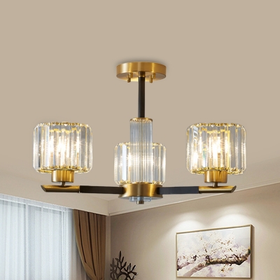 Burst Designed Crystal Semi Flush Mount Contemporary 3/6 Heads Bedroom Close to Ceiling Lighting in Black-Gold
