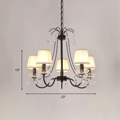Candle-Style Ceiling Chandelier Country Metallic 5-Head Black Hanging Pendant with Barrel Pleated Fabric Shade