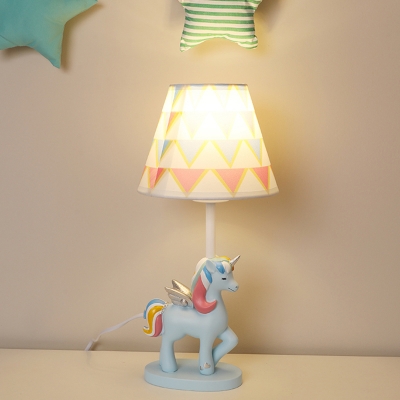 Cartoon Conical Night Light Triangle/Star Print Fabric 1 Head Kids Bedroom Table Lamp with Unicorn Base in Pink/Blue