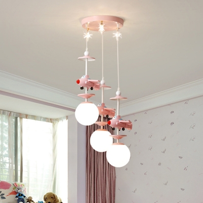 Cartoon Jet Multi Light Pendant Opal Ball Glass 3/5 Bulbs Bedroom Hanging Light Fixture in Pink/Blue