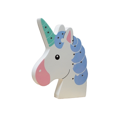 Cartoon Unicorn Head Wooden Table Lamp Mini LED Night Stand Light in White with Wall Mounting Hook