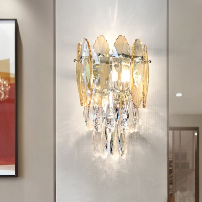 Champagne/Smoke Grey Crystal Wall Sconce Layered 2 Heads Postmodern Style Wall Mount Lighting for Bedroom