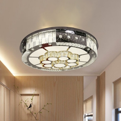 Chrome Drum Flush Light Fixture Modern Crystal LED Bedroom Flush Mount with Floral Design