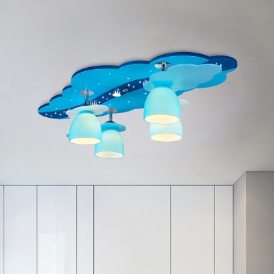 Cloud and Bell Semi Flush Mount Cartoon Wood 4-Light Kindergarten Ceiling Lighting in Blue