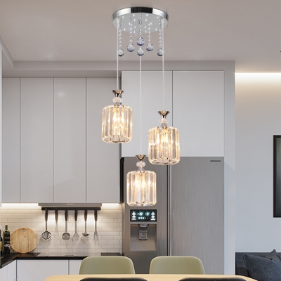 Column Dining Room Cluster Pendant Minimalist Crystal Block 3-Head Chrome Hanging Light Fixture