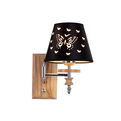 Conical Fabric Sconce Light Kids 1/2-Bulb Black Wall Lamp with Butterfly Pattern and Wood Backplate