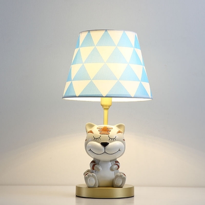 Conical Table Light Cartoon Fabric 1 Bulb Bedroom Nightstand Lamp in Pink/Blue with Resin Tiger Decor