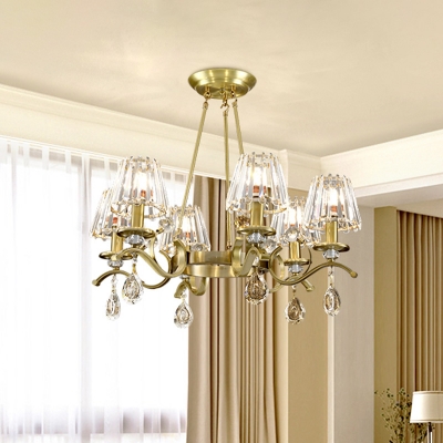 Crystal Block Gold Ceiling Chandelier with Ring Design Conical 6 Lights Traditional Pendulum Lamp