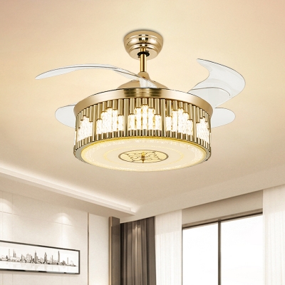 Crystal Strip Drum Ceiling Fan Lamp Modernist LED Gold Semi Flushmount with 3 Blades, 19.5