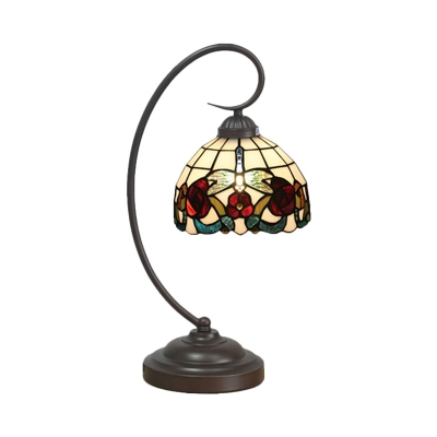 Cut Glass Dark Coffee Night Table Lamp Dome Shaped 1-Light Tiffany Style Blossom Patterned Desk Lighting