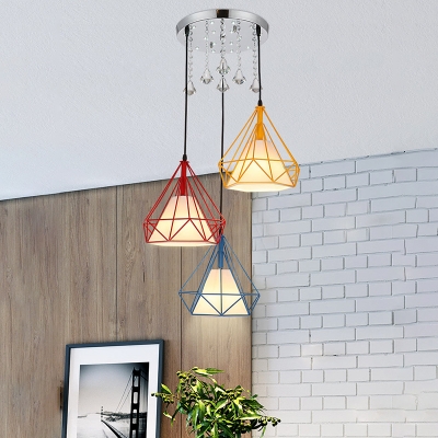 Diamond Iron Cluster Pendant Simple 3 Lights Restaurant Crystal Ceiling Lamp in Red-Yellow-Blue