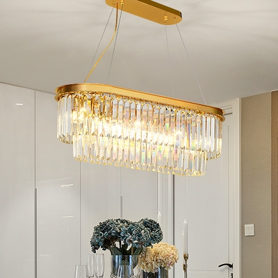 Dual-Layered Crystal Island Light Luxurious 7-Bulb Dining Room Suspension Lamp in Gold