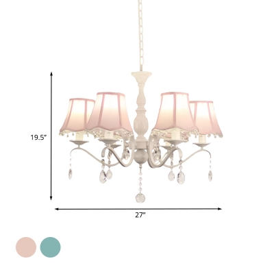 Fabric Bell Pendant Light Modernist 6 Heads Bedroom Chandelier in Pink/Blue with Crystal Drop