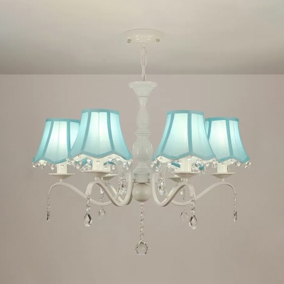 Fabric Bell Pendant Light Modernist 6 Heads Bedroom Chandelier in Pink/Blue with Crystal Drop