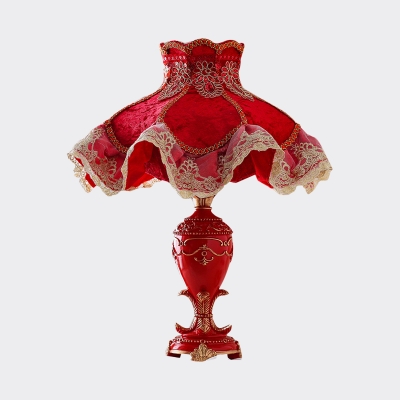 Fabric Red Table Lamp Ruffle 1 Light Pastoral Style Nightstand Light with Lace Ornament