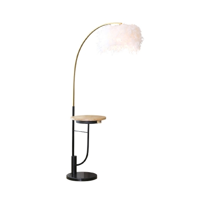 Feather Drum Reading Floor Lamp Modern 1-Light White Floor Light with Wood Shelf and Arched Arm