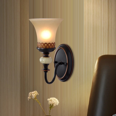 Flared Living Room Wall Light Vintage Frosted Glass 1 Head Black Wall Sconce Lighting