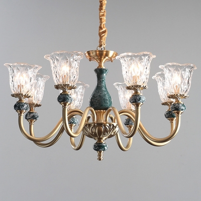 Flower Clear Glass Ceiling Chandelier Classic 3/8 Bulbs Restaurant Pendant in Gold with Ceramic Decor