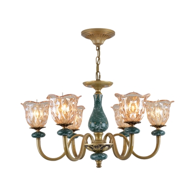 Flower Tan Dimpled Glass Pendant Chandelier Classic 3/5/6 Lights Dining Room Hanging Ceiling Light with Swooping Arm