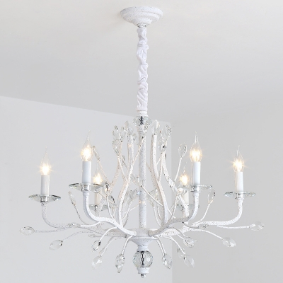 French Country Candelabra Pendant Lamp 4/6 Bulbs Crystal Chandelier Light in White for Dining Room