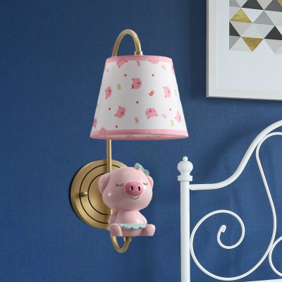 Gold Gooseneck Wall Mount Lamp Cartoon 1 Light Metal Sconce Light with Rat/Pig/Dragon Statue and Cone Shade