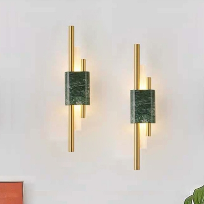 Iron Parallel Rod Wall Lamp Minimalistic Brass Finish LED Sconce with White/Green Marble Band, Warm/White Light