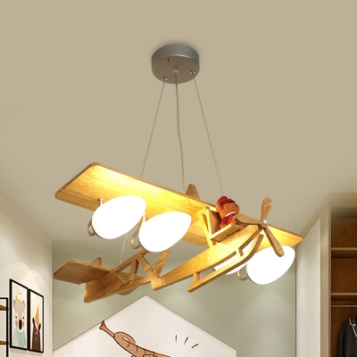 Kids Airplane Wooden Chandelier 4 Lights Suspension Lighting in Yellow for Boy's Bedroom