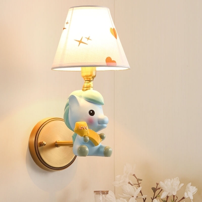 Kids Conical Fabric Wall Lamp Single Bulb Sconce Light Fixture with Cartoon Horse Arm in Pink/Blue