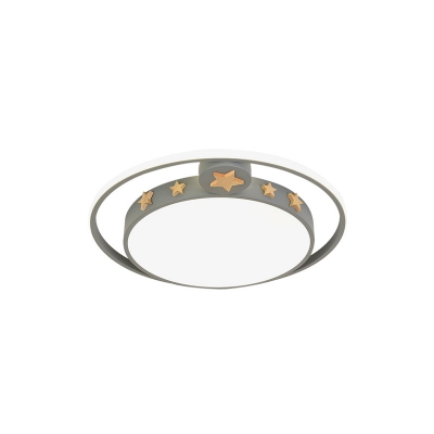 Kids Halo Ceiling Flush Mount Acrylic LED Bedroom Flushmount with Wood Star Decor in Grey/White/Pink