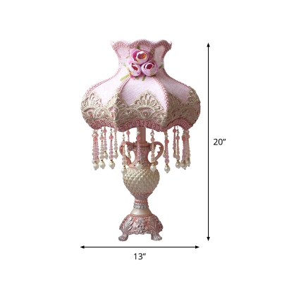 Korean Garden Vase Shaped Table Lamp Single Bulb Fabric Nightstand Light in Pink with Beaded Fringe Trim