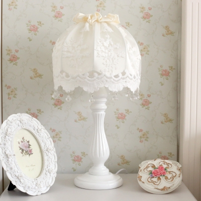 Lace Dome Fabric Nightstand Lamp Farm Style 1 Bulb Living Room Table Light in White with Drople